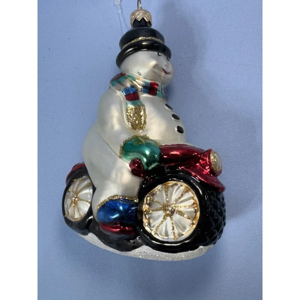 Dillard's Trimmings Snowman on a Motorcycle 1999 Glass Blown Christmas Ornament